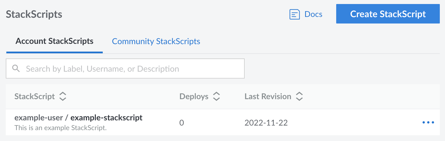 Screenshot of the StackScripts page in <<CLOUD_PORTAL>>