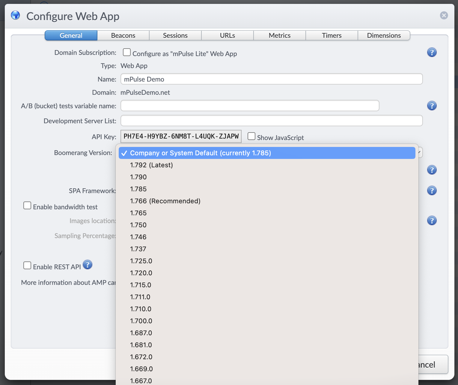 Configure Web App dialog, boomerang version field