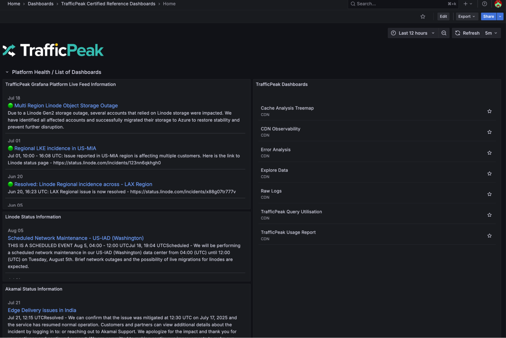 Status feeds beside a list of dashboard links.